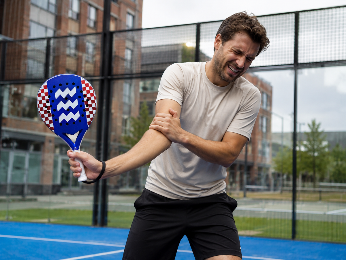 een padelspeler die last heeft van een padel elleboog