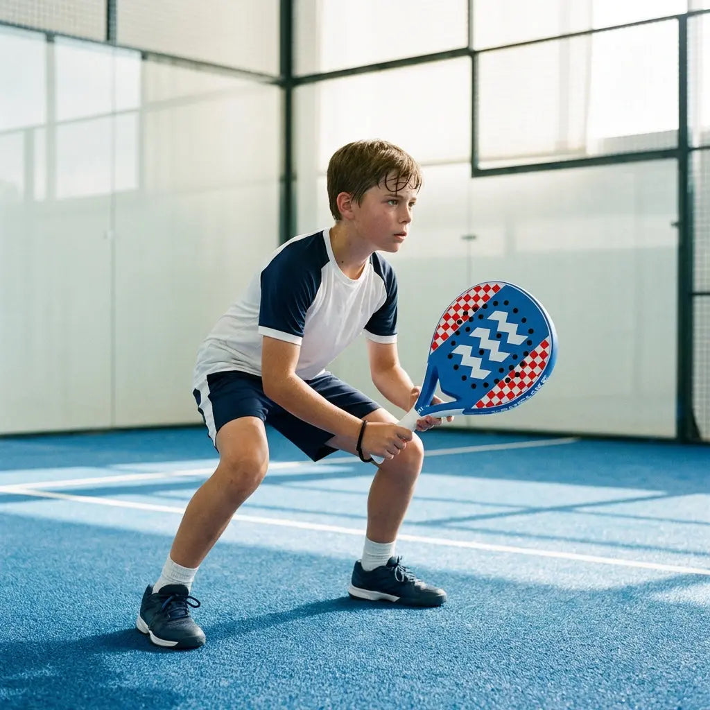 een padel junior van ongeveer 13/14 jaar oud die aan het padellen is met een padel racket van padelske
