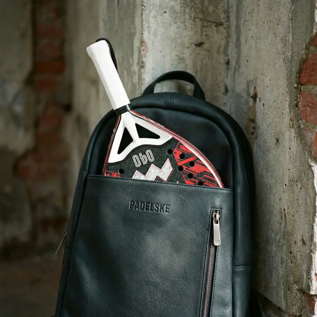 een padel racket in een padelbag die tegen een muur aanleunt