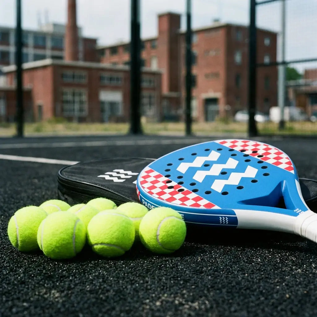 een padelracket, padelhoes en een aantal padelballen op de padelbaan