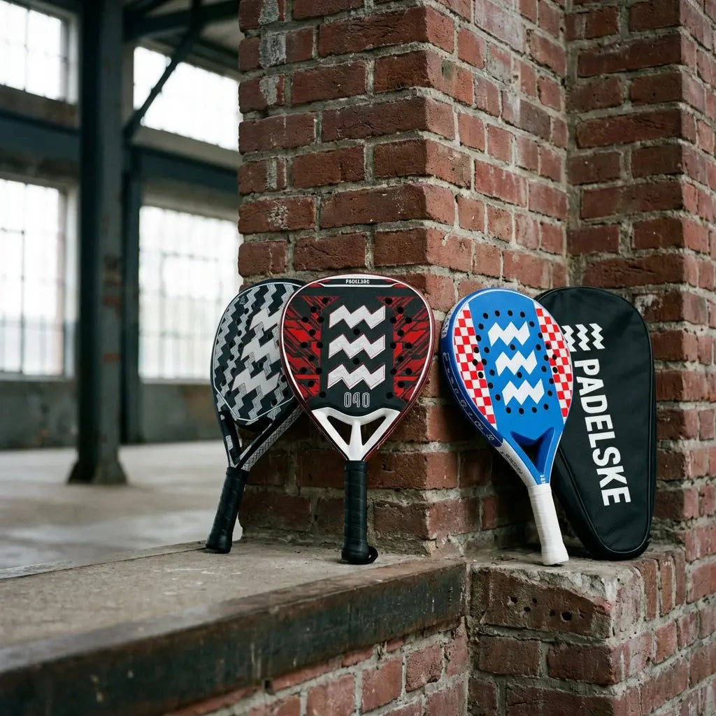 3 padelrackets en een padelhoes van de padel expert "padelske" tegen de muur aan