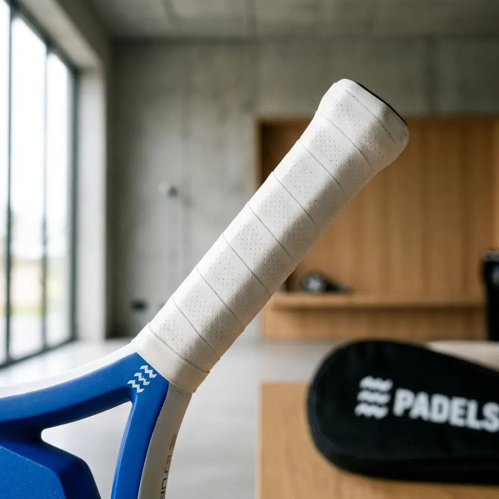 foto van de padelgrip van dichtbij van een padelracket met een padelske padelhoes op de achtergrond