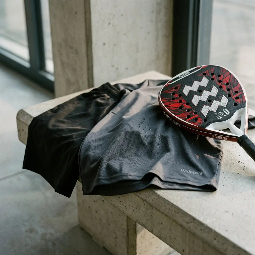 padelkleding zoals padelbroeken en padel shirts op een bankje met nog een padel racket erop.