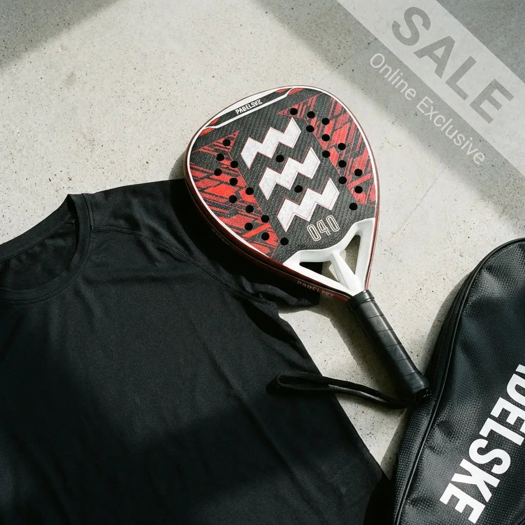 een padel racket, padelhoes en padel shit op de grond bij een padel outlet online