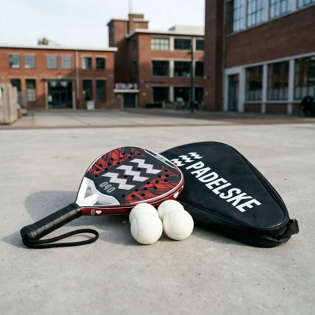 een padel racket, padelhoes en padelballen op de grond samen als padel packs
