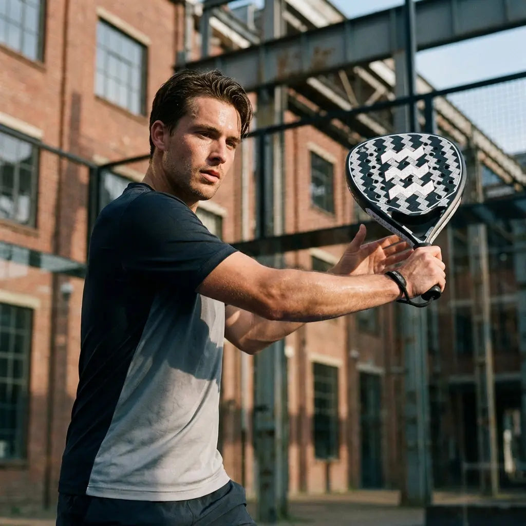 man die een padel racket vast heeft tijdens sport padel